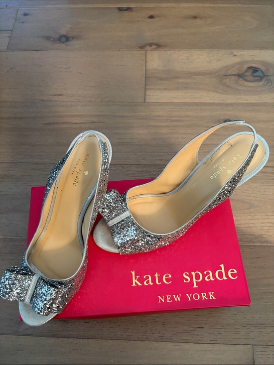 kate spade Shoes - Kate Spade Silver Glitter Slingback Heels with Bow Detail